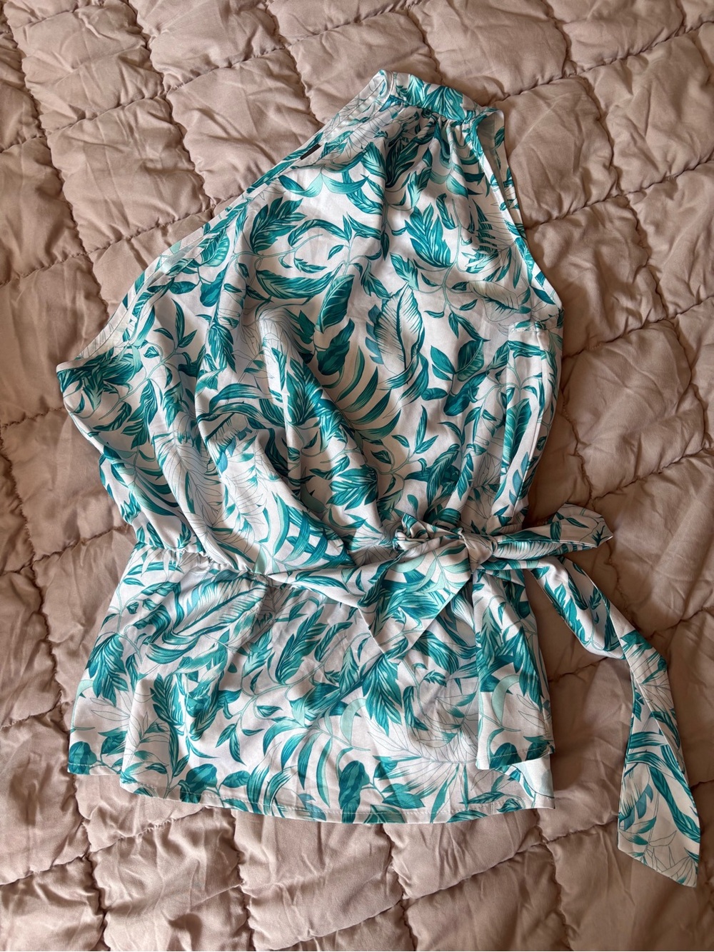 SHEIN Teal and Light Blue Tropical Leaf Tie-Waist One Shoulder Top